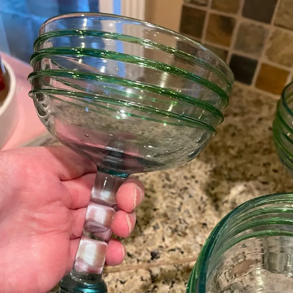 4 Hand Blown Green Glass Margarita Glasses Made in Mexico